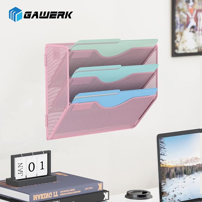 Gawerk 3 Tier Hanging Wall File Organizer, Mesh Mail Paper Orgnization Hanging File Folder Holder for Home Office, Pink - Image 7