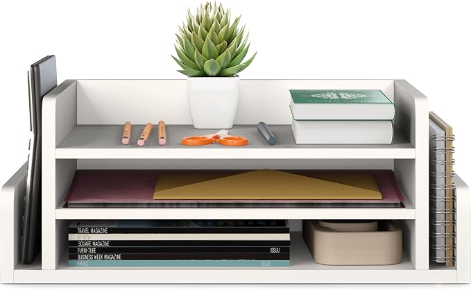 Ballucci 3-Tier Desk Organizer with 2 Side Mail Sorter Slots, Wood Letter Tray, Open Top Paper Organizer, Desktop File Organizer, White - Image 9
