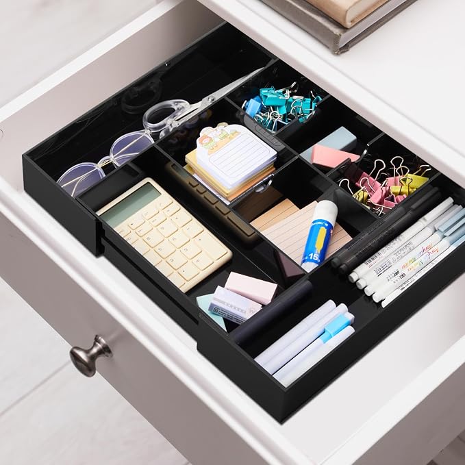 Briwooody Black Acrylic Drawer Organizer Expandable,8 Compartments,Large | 9'' up to 18'' x 12'' x 2.1'' Desk Drawer Organizer Trays Adjustable with Desk Accessories for Makeup Office Bathroom - Image 7
