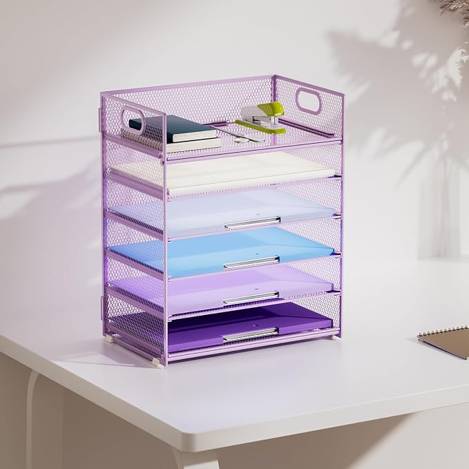 Marbrasse 6 Tier Paper Organizer Letter Tray - Mesh Desk File Organizer with Handle, Paper Sorter for Letter/A4 Office File Folder Holder - Purple - Image 6