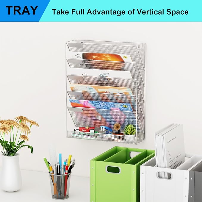 Wall File Organizer Holder Mesh Hanging Paper Document Holder, Vertical 6 Pocket Tier for Office Home, Silver - Image 7