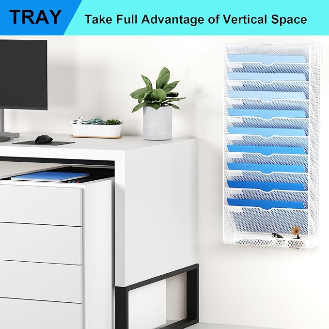Hanging Wall File Organizer 10 Tier Wall Mounted File Holder Document Wall Organizer Magazine Organization for Office Home, White - Image 7
