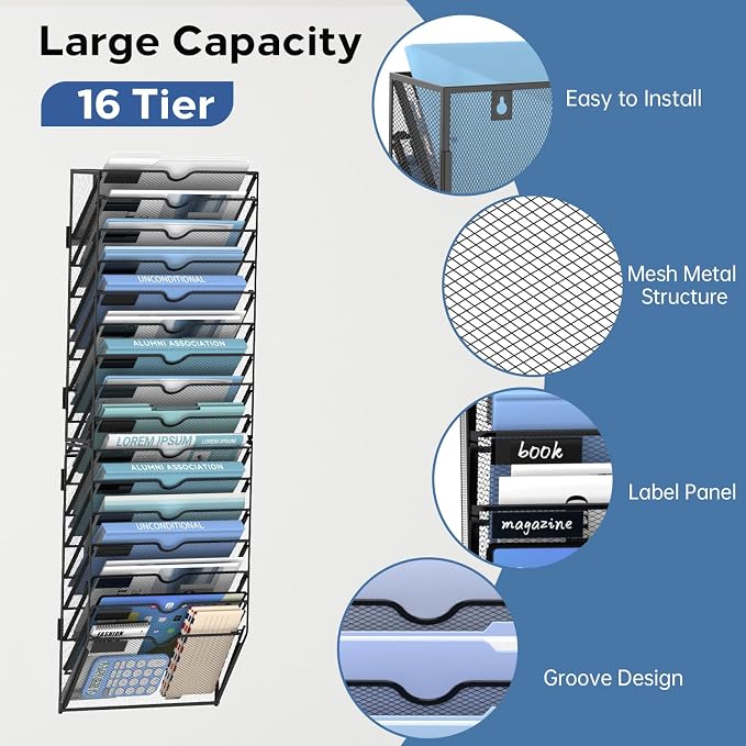 16-Tier Wall File Organizer and Hanging File Organizer, Black | Wall Organizer and Wall Mounted File Holder with 16 Pockets and Label Panels for Files, Mail, Folders, Magazines and Paper - Image 7