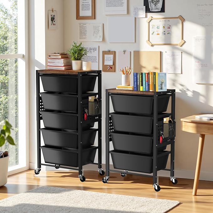 Rolling Cart with 3 Drawers, Plastic Drawer Storage Carts with Lockable Wheels & Wooden Tabletop, Metal Utility Cart Organizer, Office Bedroom Classroom Craft Organization and Storage, Dark Black - Image 7