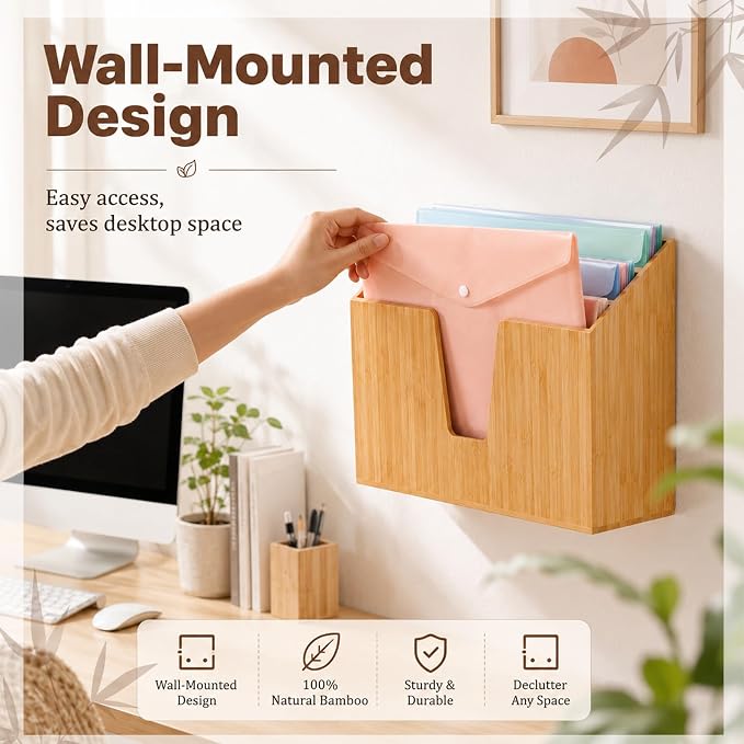 Suzile Bamboo Wall Mounted File Folder Holder Organizer, 3-tier Vertical File Organizer Wooden Sorter Rack for Office, Home, Desktop, Desk Letter Mail Document Storage, 13" x 4.5" x 11.5" - Image 7