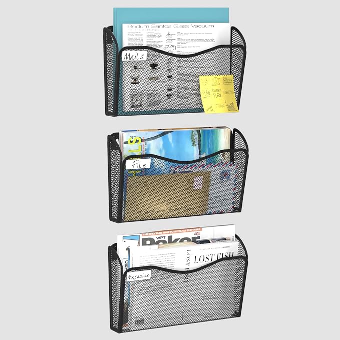 BOHDK Wall File Organizer, 6 Single Pockets Mesh Hanging File Organizer, Mount Document Magazine Rack with Labels, Hanging File Folders for Office, Home and School, Black - Image 6