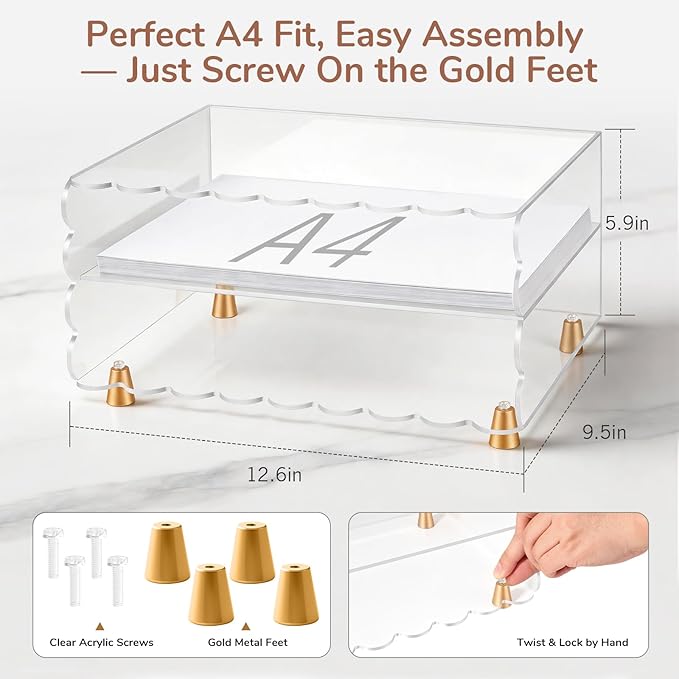 2+1 Tier Paper Letter Tray,Acrylic Desk Organizer with Scalloped Edge& Gold Metal Feet,Top Display Design,Space Saving Clear Organizer for Women, A4 File, Letter, Books,Notes,Home & Office - Image 7
