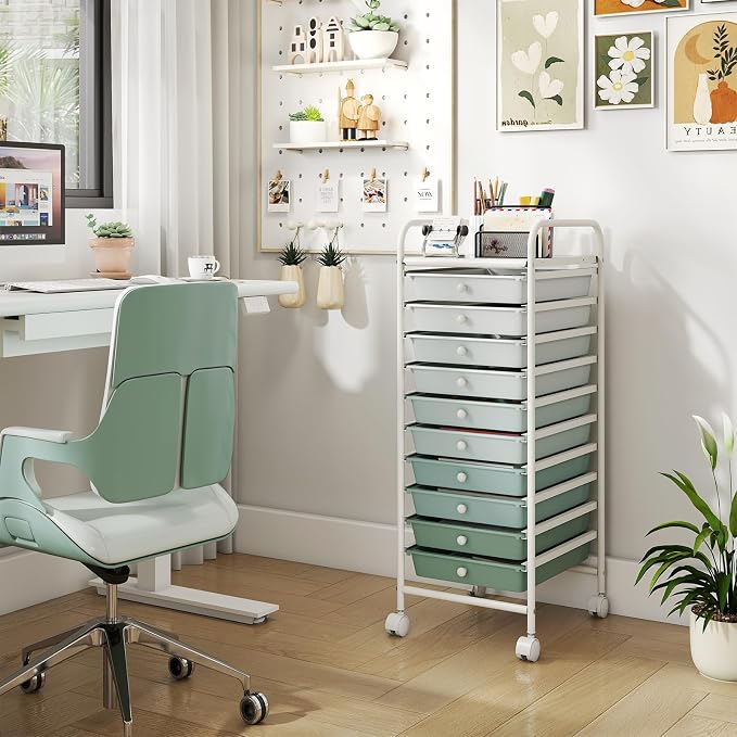 Storage Cart, Rolling Utility Cart with 10 Drawers, Portable Handles & Lockable Wheels, Mobile Paper Toys Storage Organizer Large Capacity for Home Office School Teacher (Gradient Green) - Image 8