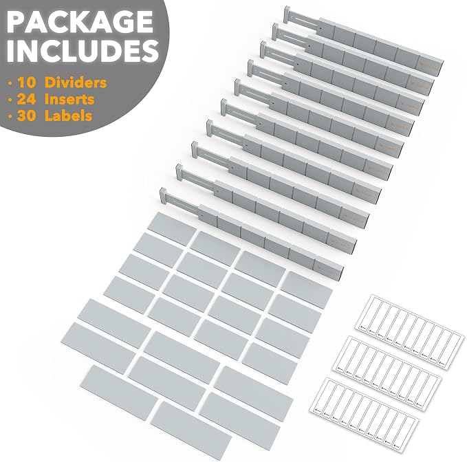 SpaceAid Bamboo Drawer Dividers with Inserts and Labels, Kitchen Adjustable Drawer Organizers, Expandable Organization for Home, Office, Dressers, 10 Dividers with 24 Inserts (17"-22" Gray) - Image 7