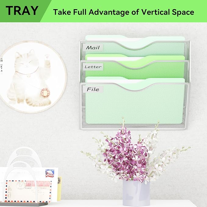 3 Pockets Hanging Wall File Organizer Mail Holder, Wall Mounted Paper Document Folder Holder, Clipboard Storage Organization Magazine Rack, Silver - Image 7