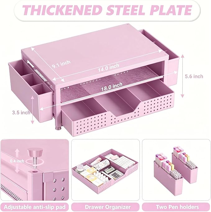 Desk Organizers and Accessories, Computer Monitor Stand Riser with Drawer and 2 Pen Holders, Printer & Laptop Stand, Office Desk Accessories & Workspace Organizers for Home Office Supplies, Pink - Image 7