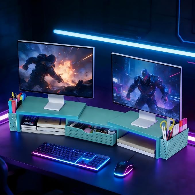 Spacrea Metal Desk Organizers and Accessories, Dual Monitor Stand Riser with Drawer and 2 Pen Holders, Desk Accessories & Workspace Desktop Organizers for Office Supplies (Blue) - Image 7