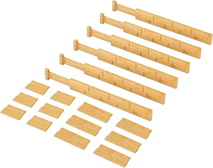 kiplant Bamboo Drawer Dividers - Adjustable Drawer Dividers for Kitchen, Clothes, Closet & Office - 6 Pack with Inserts, 18-22.6 Inches, Non-Slip Silicone Ends - Image 8