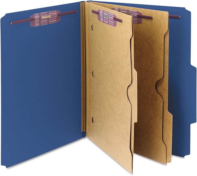 Smead Pressboard Classification Folder with Pocket-Style Divider and SafeSHIELD Fasteners, 2 Dividers, 2" Expansion, Letter Size, Dark Blue, 10 per Box (14077) - Image 9