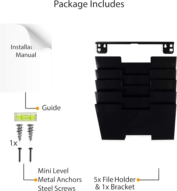 Wallniture Lisbon Wall Mounted File Holder Organizer, 5-Tier Metal Office Organization and Storage Rack, Wall Mount File Holder, Magazine Holder and Office Decor, Black - Image 7
