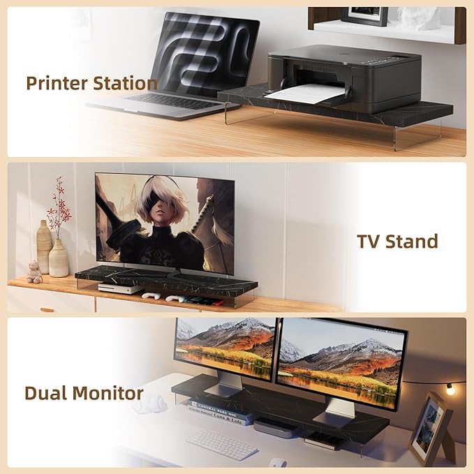 Monitor Stand Riser, 25x10 in Wood & Acrylic Computer Desk Organizer Shelf | Computer Monitor Stand With Wood & Acrylic Design; Works As Laptop Riser, Printer Stand, TV Screen Riser And Desk Organizer. - Image 7
