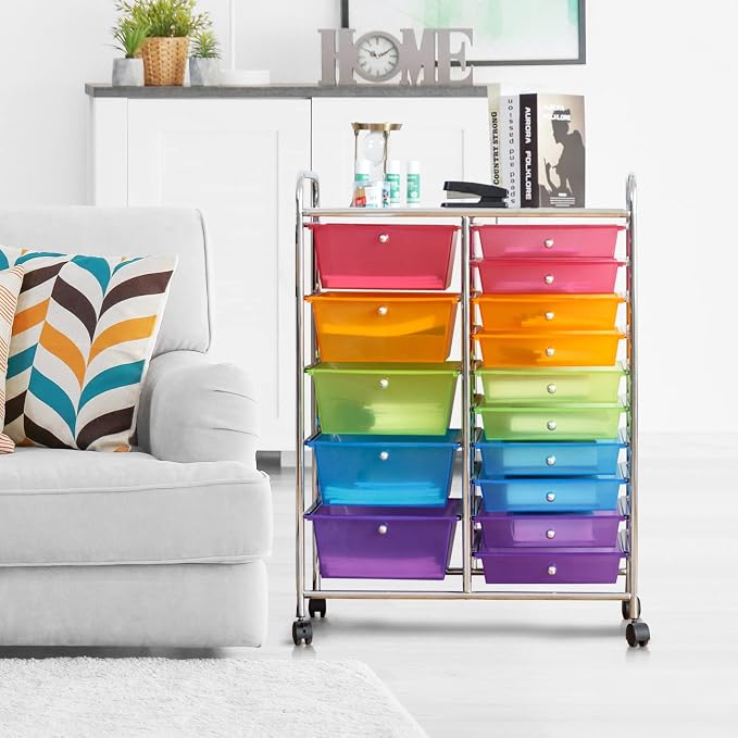 COSTWAY 15 Drawer Rolling Storage Cart, Mobile Storage Organizer | Removable Drawers & Metal Frame, Multipurpose Utility Tools Paper Organizer on Wheels for Home, Office (Rainbow) - Image 9