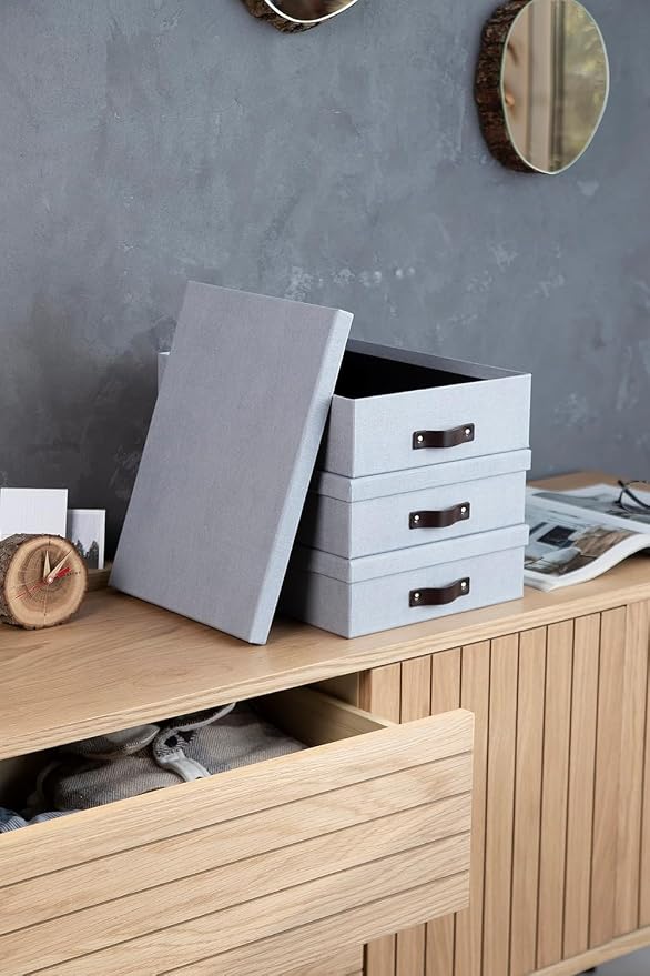 Bigso Oskar Canvas Fiberboard Document Letter Box - File Organizer Box for Important Paperwork - Document Storage with a Lid & Handle - 3.3 in x 10.2 in x 13.8 in - 3 Pack - Blue - Image 9
