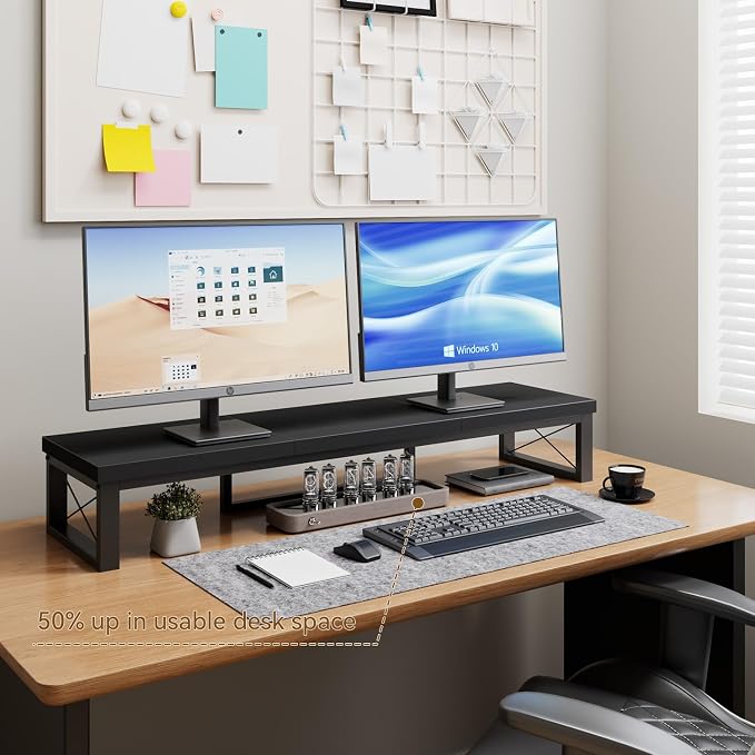 IBUYKE Large Dual Monitor Stand Riser for 2 Monitors, Wooden Desktop Computer Monitor Stand Storage Shelf and Steel Legs,Dual Screen Office Desk,Monitor Riser for Computer, Printer,Laptop,TV,Black UTDJ002B - Image 8