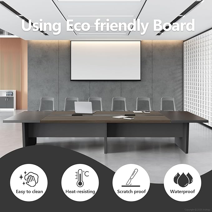 11.5FT Conference Table, Large Rectangular Seminar Meeting Table, Modern Conference Room Table with Cable Management & 2" Thickened DeskTop for Office Meeting (Oak + Gray, 137"L * 59"W * 30"H)