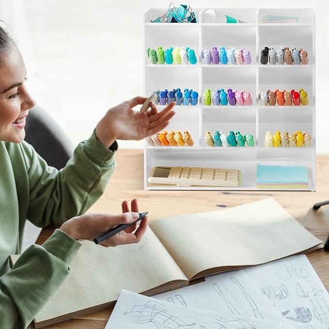 MotiMind Acrylic Pen Organizer Storage for 150 Markers Vertical Marker Organizer Acrylic Pen Display Holder for Office Desk Desktop Stationery Pencil Storage, White, 10.2 x 4 x 9.8 Inch - Image 6