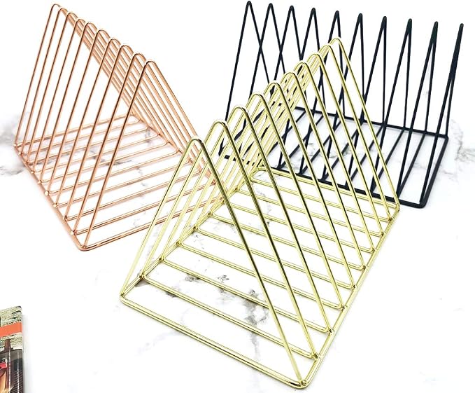 9 Slot Magazine Rack Book Record Holder, Desktop Iron Storage Rack Bookshelf Multifunction Triangle File Organizer Sorter for Decor Home Office, Golden Pack of 2 - Image 7