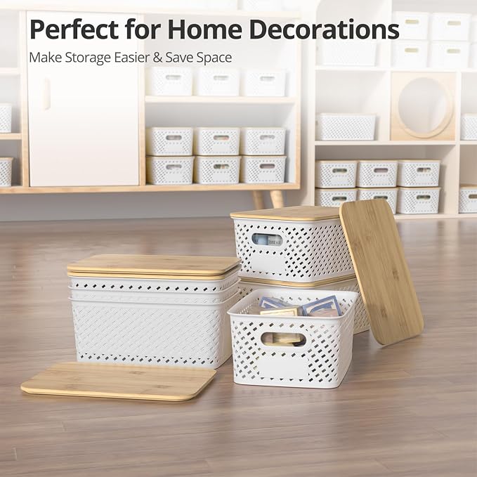 Plastic Storage Bins with Bamboo Lids, Stackable Small Box Baskets for Organizing and Containers for Shelves Drawers Desktop Closet Pantry Classroom Office Home, 6 Pack 10.2x7.2x4.1 Inch, White - Image 7