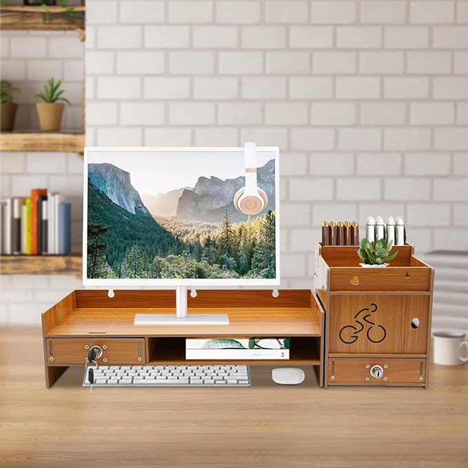Desktop Monitor Stand, Computer Monitor Stand for Desk, Monitor Riser with Drawer, Desk Monitor Stand Underneath Storage for Office (Cherry Wood Color) - Image 9