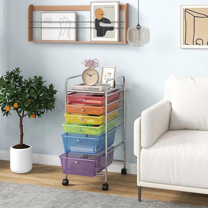 COSTWAY 6-Drawer Rolling Storage Cart, Art Craft Tools Organizer on Wheels | Multifunctional Heavy Duty Utility Mobile Storage Trolley w/ 2 Lockable Wheels for Home Office School (Rainbow) - Image 7