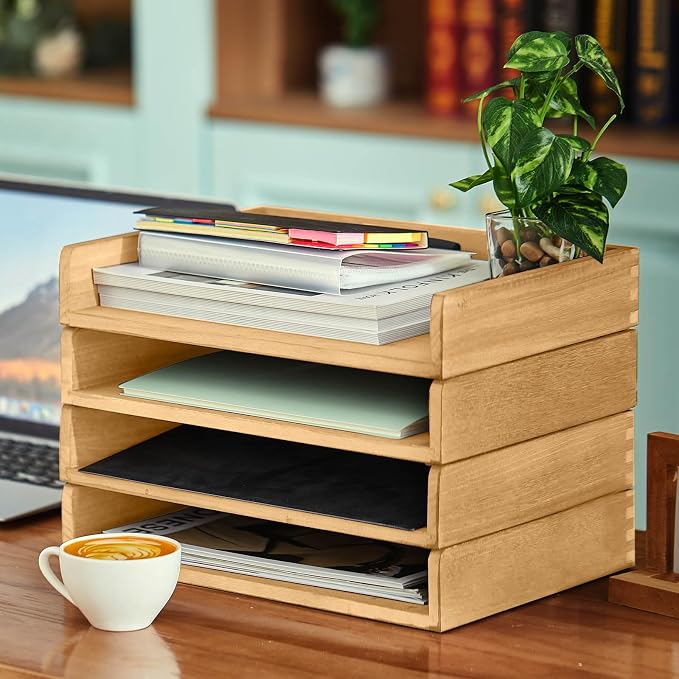 Yeaqee 4 Pcs Stackable Paper Organizer Tray Wood Desk Organizer Letter Tray Desktop Letter Size Office Wooden Desk Shelf Paper Holder Folder Organization Rack for Mail File Document(Light Wood Color) - Image 7