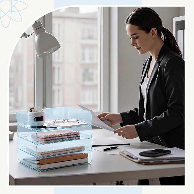 Harloon 4 Tier Clear Blue Acrylic Paper Organizer Letter Tray, Aesthetic Stackable Desk File Organizer Paper Holder Office Tray for A4, Modern Classroom Office Home File Pad Books Notes - Image 7