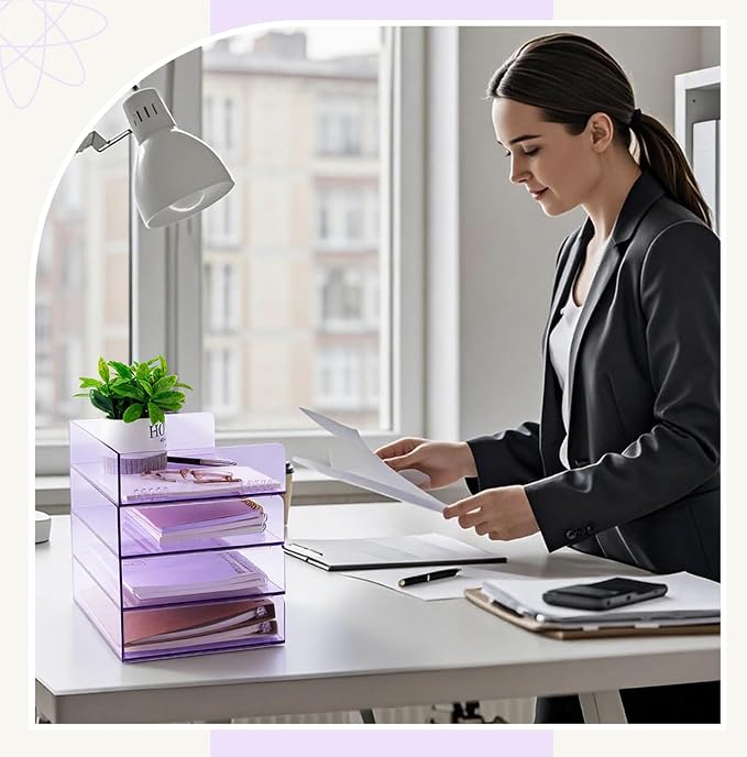 Harloon 4 Tier Clear Purple Acrylic Paper Organizer Letter Tray, Aesthetic Stackable Desk File Organizer Paper Holder Office Tray for A4, Modern Classroom Home Office File Pad Books Notes - Image 7
