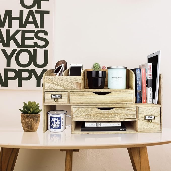 Ikee Design Large Extendable Wooden Desktop Organizer For Office Supplies | EXTENDABLE DESK ORGANIZER: Wooden shelf with compartments for books and office supplies; 17.25"W x 7.5"D x 12"H. - Image 9
