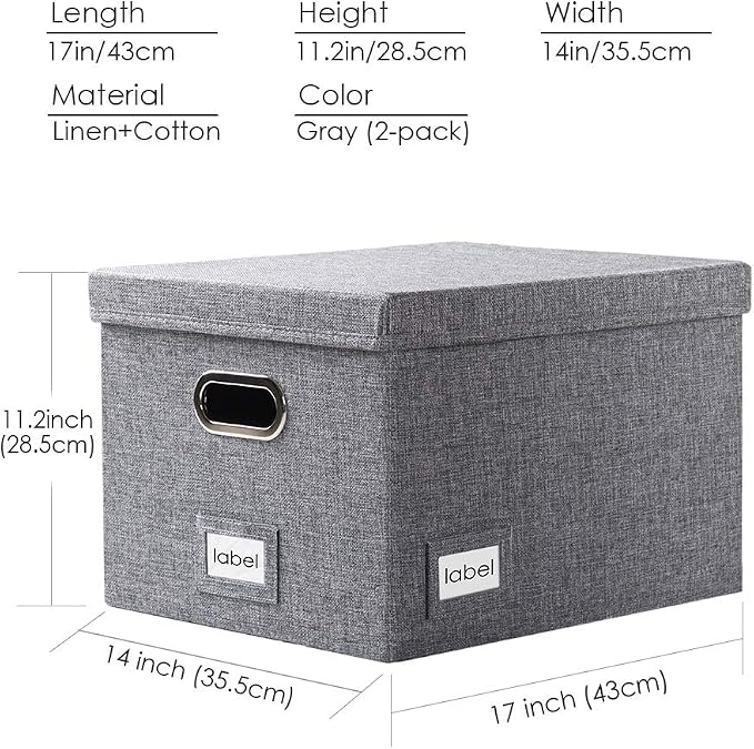 File Organizer Box - Set of 2 Collapsible Decorative Linen Filing Storage Hanging File Folders with Lids Office Cabinet Letter/Legal Size Grey (17x14x11.2 inch) - Image 7