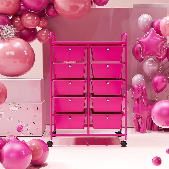COSTWAY 10 Drawer Rolling Storage Cart, Utility Cart with Lockable Wheels | Mobile Art Supply Craft Organizer with Metal Frame, Multipurpose Drawer Cart for Paper for Office, School, Hot Pink - Image 8