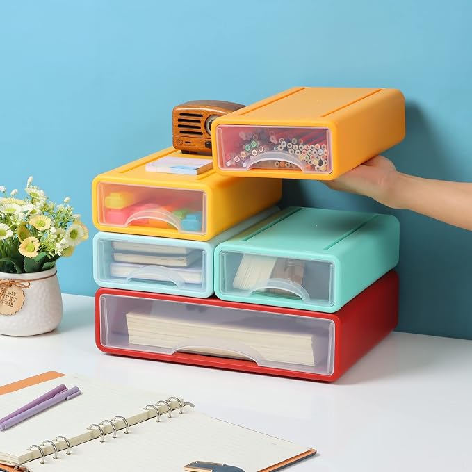 White Desktop Drawer Organizer Unit for Office Paper and Supplies | Mix Colors, 2 Large & 2 Small Drawers for Stationery Paper Clip, Desktop Storage Bins, Tabletop Craft Box, Makeup Organizer - Image 7