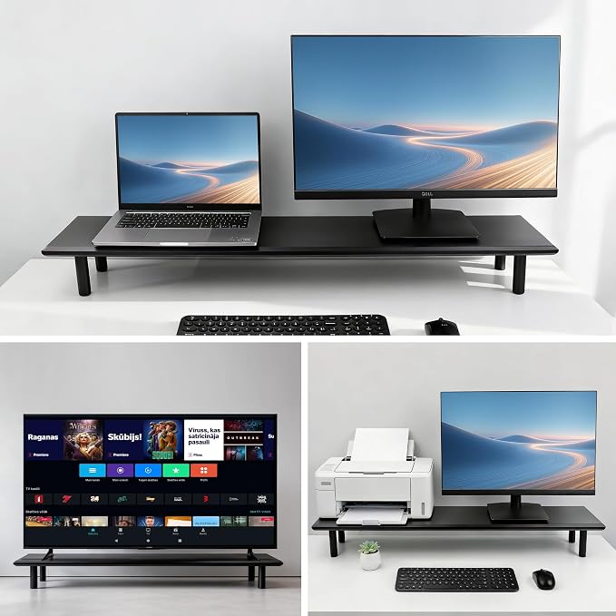 Bamboo Dual Monitor Stand Riser, Black Desk Shelf with Storage | 39.37-Inch Wide, 3.5-Inch Clearance, Fits Keyboards, Soundbars and Two 24-Inch Monitors for Home Office - Image 8