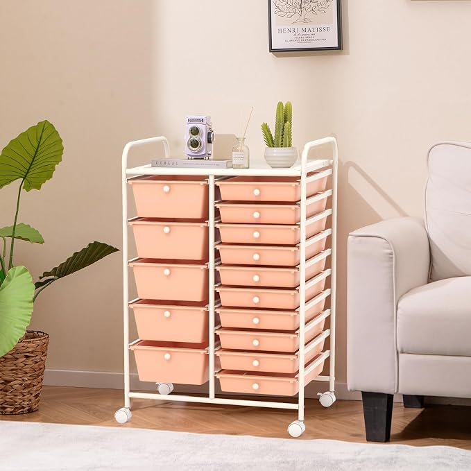 GOFLAME 15-Drawer Rolling Storage Cart, Craft Storage Cart with Removable Drawers & Lockable Wheels, Art Cart Supply Storage Organizer for Home Office Classroom, Peach Fuzz - Image 9