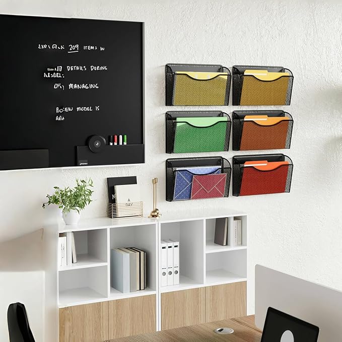 MINDEPOT Magnetic Wall File Organizer, Hanging File Holder, 2 Pack, Black | Heavy Duty Iron, Powerful Magnet, Metal Mesh Wall Mount, Single Pocket, for Office School Classroom Home, Letter A4 Size - Image 7