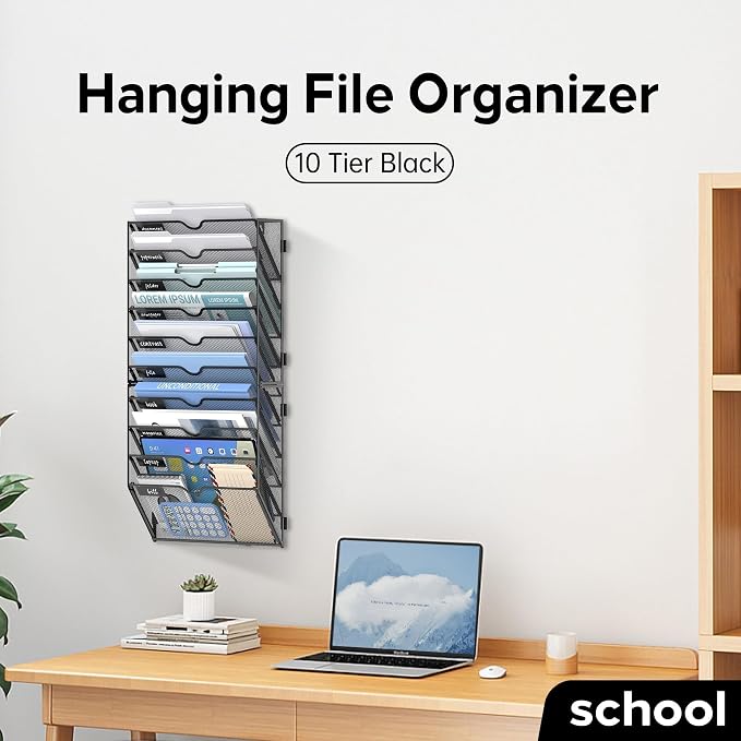 10-Tier Wall File Organizer and Hanging File Organizer, Black, 2Pack | Wall Organizer and Wall Mounted File Holder with 10 Pockets and Label Panels for Files, Mail, Folders, Magazines and Paper - Image 8