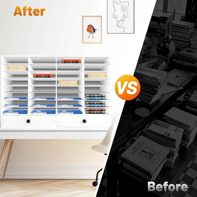 Literature Organizers, 32 Slots Compartment Adjustable File Sorter Mail Center Magazine Holder with 2 Drawer, Mail Organizer Letter Sorter for Counter, Paper Storage Cabinet Classroom Keepers - Image 7