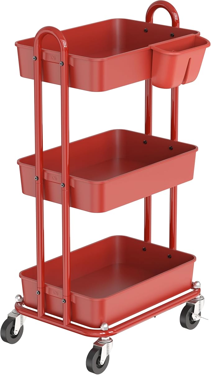 Simple Houseware 3-Tier Rolling Utility Cart with Hanging Bucket, Red | Storage for Bathroom, Kitchen, Office, Study Room, Nursery Diaper - Image 6