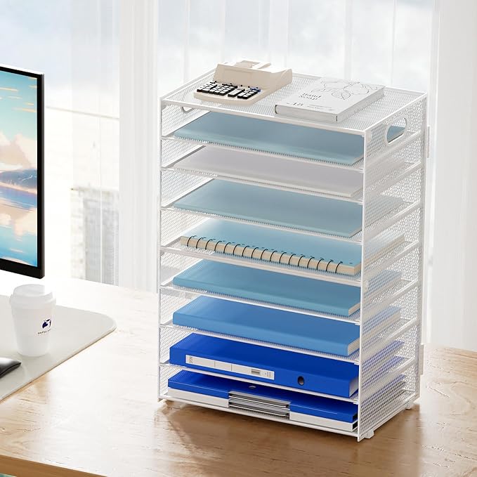 Marbrasse Paper Organizer Letter Tray, 9 Tier Mesh File Organizer with Handle, Paper Sorter Desk Organizer for Home Office Supplies - White - Image 6