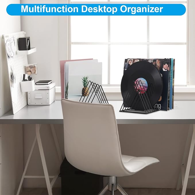 Vinyl Record Holder Storage, 9 Slot Metal Magazine Book Album Display Rack, Stylish Triangle Desktop File Sorter Organizer for Home Office, Black - Image 8