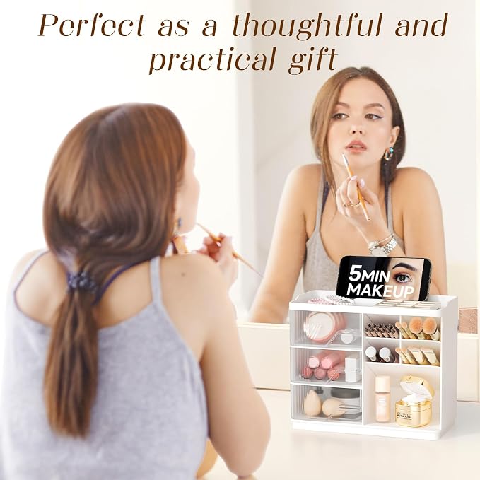 Small Makeup Organizer with Drawers, Stackable Bathroom Couneter Organizer with Phone Holder, Versatile Vanity Organizer Countertop, Cosmetic Organizer for Makeup Brush, Skin Care, Lotion -White,2Pack - Image 7