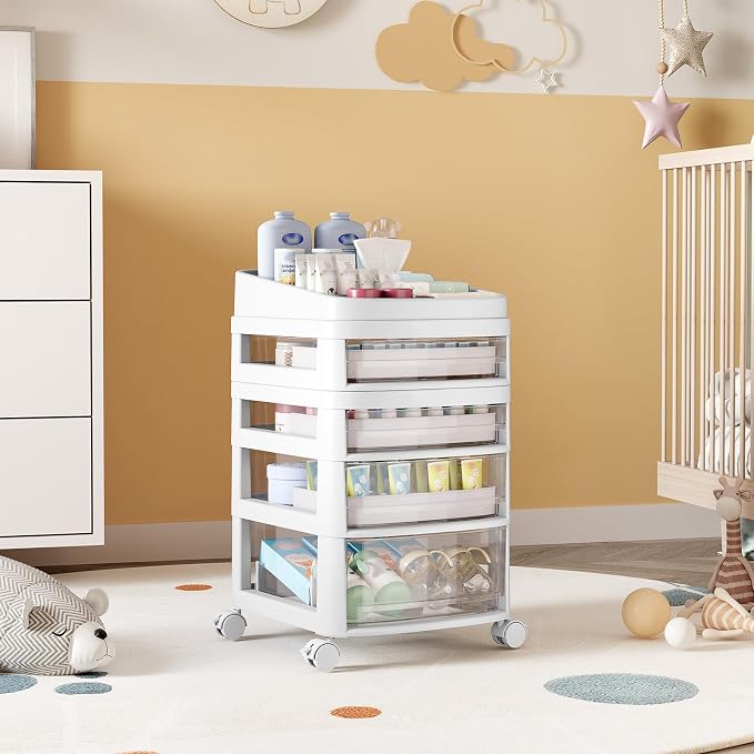 Rolling Cart with 4 Drawers, Clear Plastic Drawer Organizers, Vanity Cart | Dust Proof Under Desk Storage with Dividers for Makeup, Skincare, Art Crafts and Baby Items, Acrylic Cosmetic Organizer - Image 8
