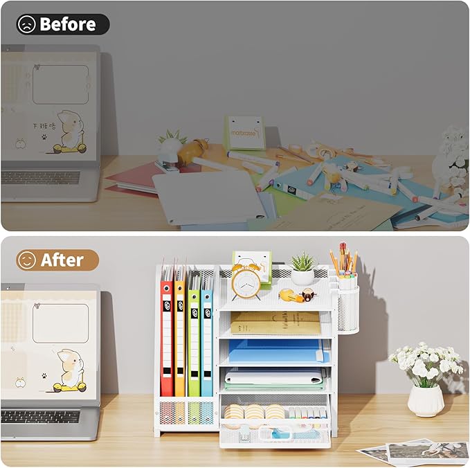 Marbrasse Desk Organizer with File Holder, 5-Tier Paper Letter Tray Organizer with Drawer and 2 Pen Holder, Mesh Desktop Organizer and Storage with Magazine Holder for Office Supplies (Wood-White) - Image 7