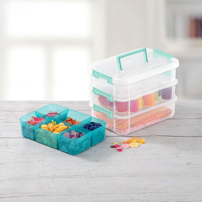 Sterilite 18 Pack Plastic Storage Box Container, 3 Layer, Stack and Carry, Clear/Blue - Image 9