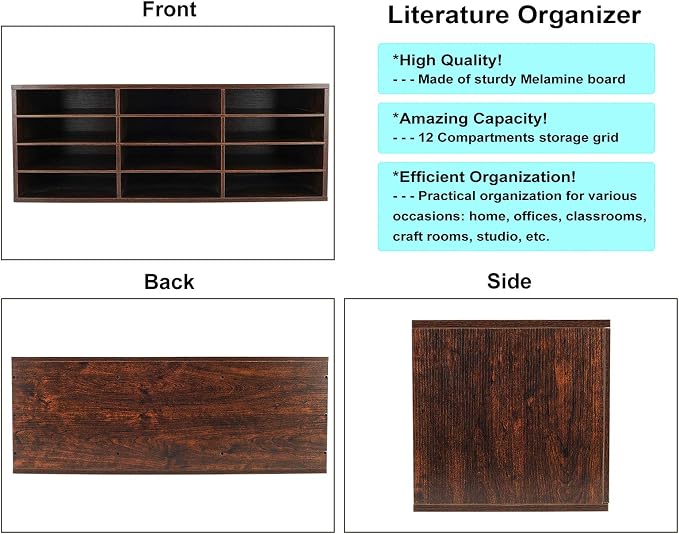 Mail Sorter, Wood Countertop Literature Organizer, Student Mailbox for Classroom, Desktop Bill Paper Organizer for Office Home School, 12 Compartments, Brown - Image 6