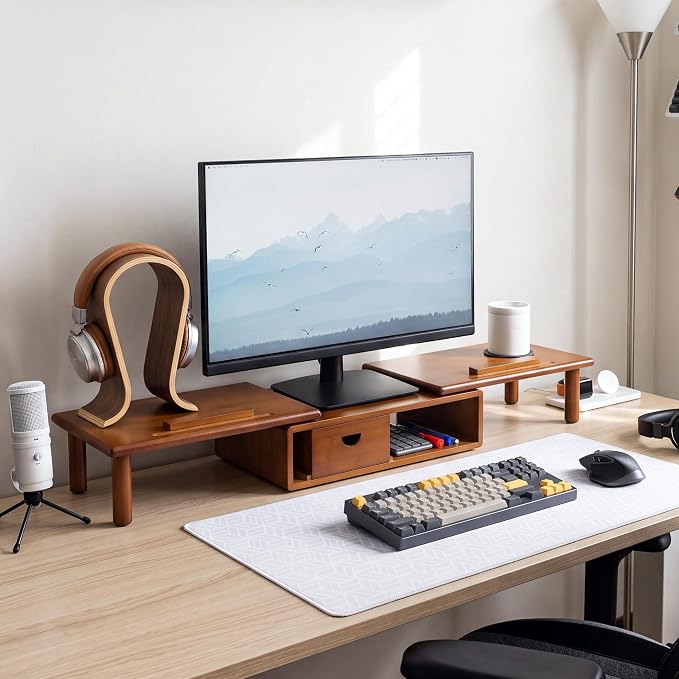 Dual Monitor Stand Riser with Drawer for Desk Laptop | Desk Shelf with Adjustable Length and Angle, Bamboo Computer Stand Riser for 2 or 3 Monitors Screen Laptop PC TV Brown - Image 8